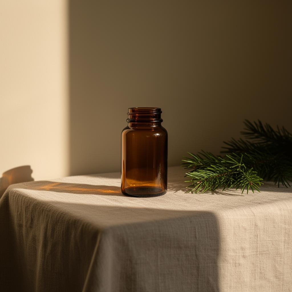 A lone amber glass bottle in soft daylight on linen