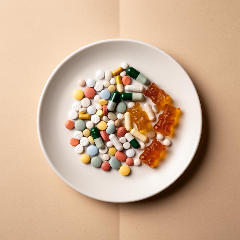 A small plate filled with assorted supplement pills and gummies